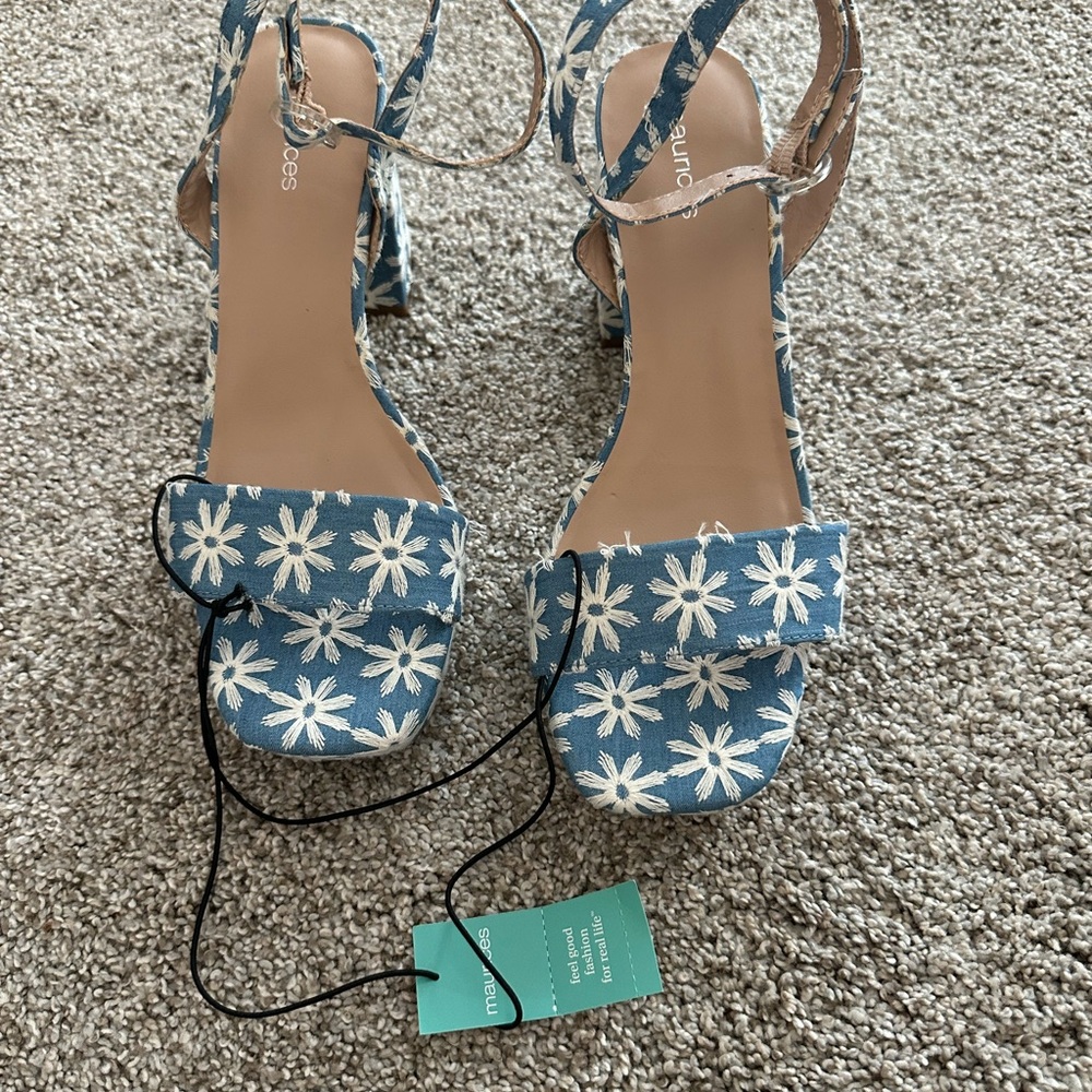 Maurices Blue Floral Embroidered Block Heel Sandals
